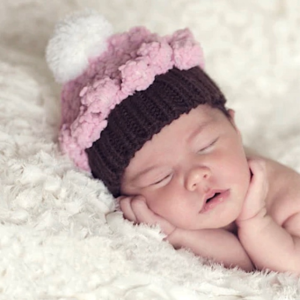 The Blueberry Hill “Bella” Cupcake Hat pink  brown  white Pom Pom small